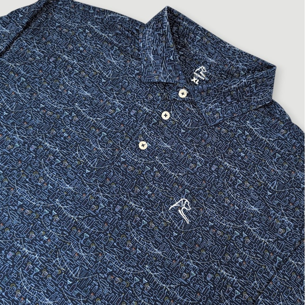Rhoback Performance Polo Men XL Navy Blue Cocktail Print Golf Athleisure Casual